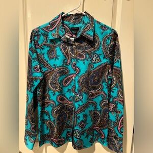 Talbots Paisley Button Up Blouse Small Turquoise Blue Pink Boho Career Top